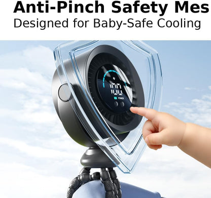 Stroller Fan with Flexible Tripod, 720° Rotation Portable Rechargeable Fan with LED Display, Quiet Cooling Clip Fan for Car Seat & Crib, Travel Essentials for Outdoor, Beach, Cruise (White)