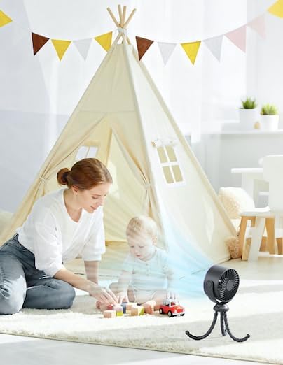 Stroller Fan with Flexible Tripod, 720° Rotation Portable Rechargeable Fan with LED Display, Quiet Cooling Clip Fan for Car Seat & Crib, Travel Essentials for Outdoor, Beach, Cruise (White)
