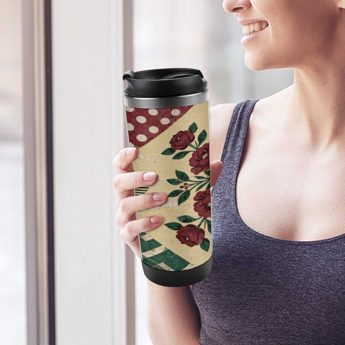 13oz Insulated Travel Coffee Mug Reusable Coffee Cup Water Bottle | Print Retro Collage Travel Mug with Leak Proof Lid Double Wall Stainless Steel Coffee Tumbler Personalized Gift