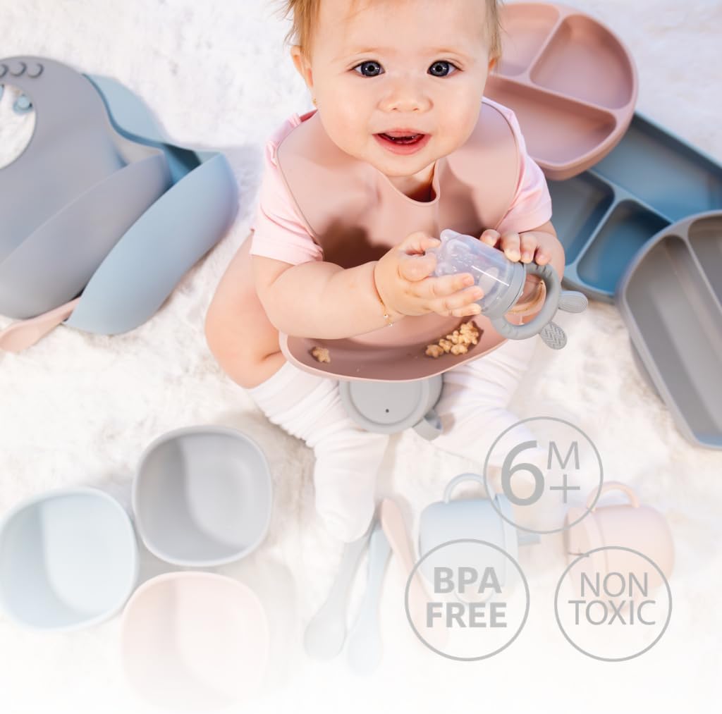 Silicone Baby Feeding Set Bundle, Dusty Blue