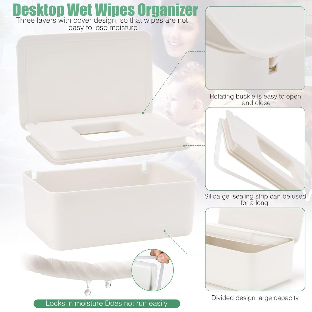 Baby Wipes Dispenser, Wipe Holder for Baby & Adult,Keeps Wet Tissue Fresh, Non-Slip Wipes Case, Flushable Wipe Container with Sealing Design Lid