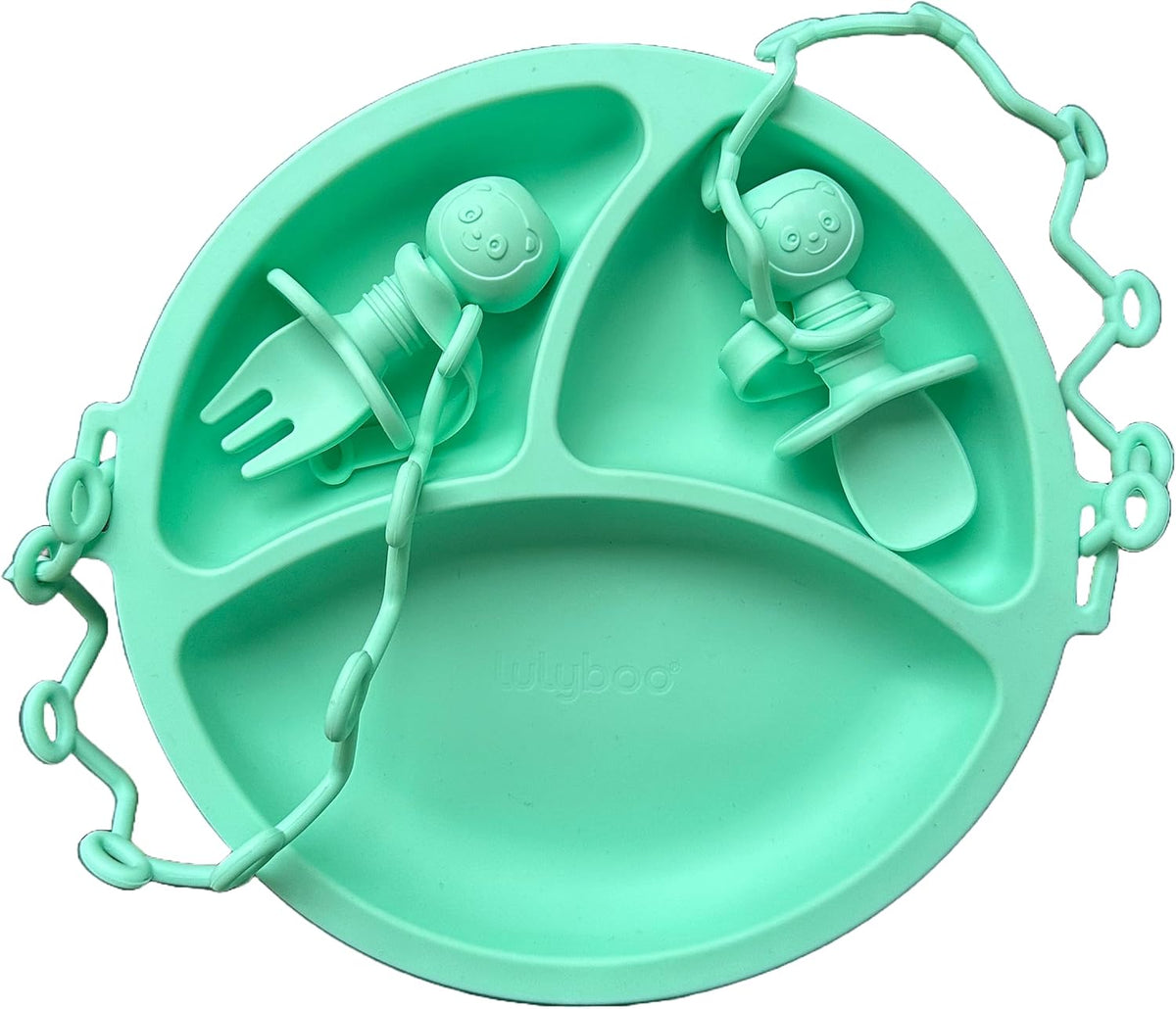 Baby Feeding Set Silicone Suction Plate with Spoon & Fork + 2 No-Drop Straps | BPA-Free, Easy-Clean, Toddler Self-Feeding Essentials for Home & Travel