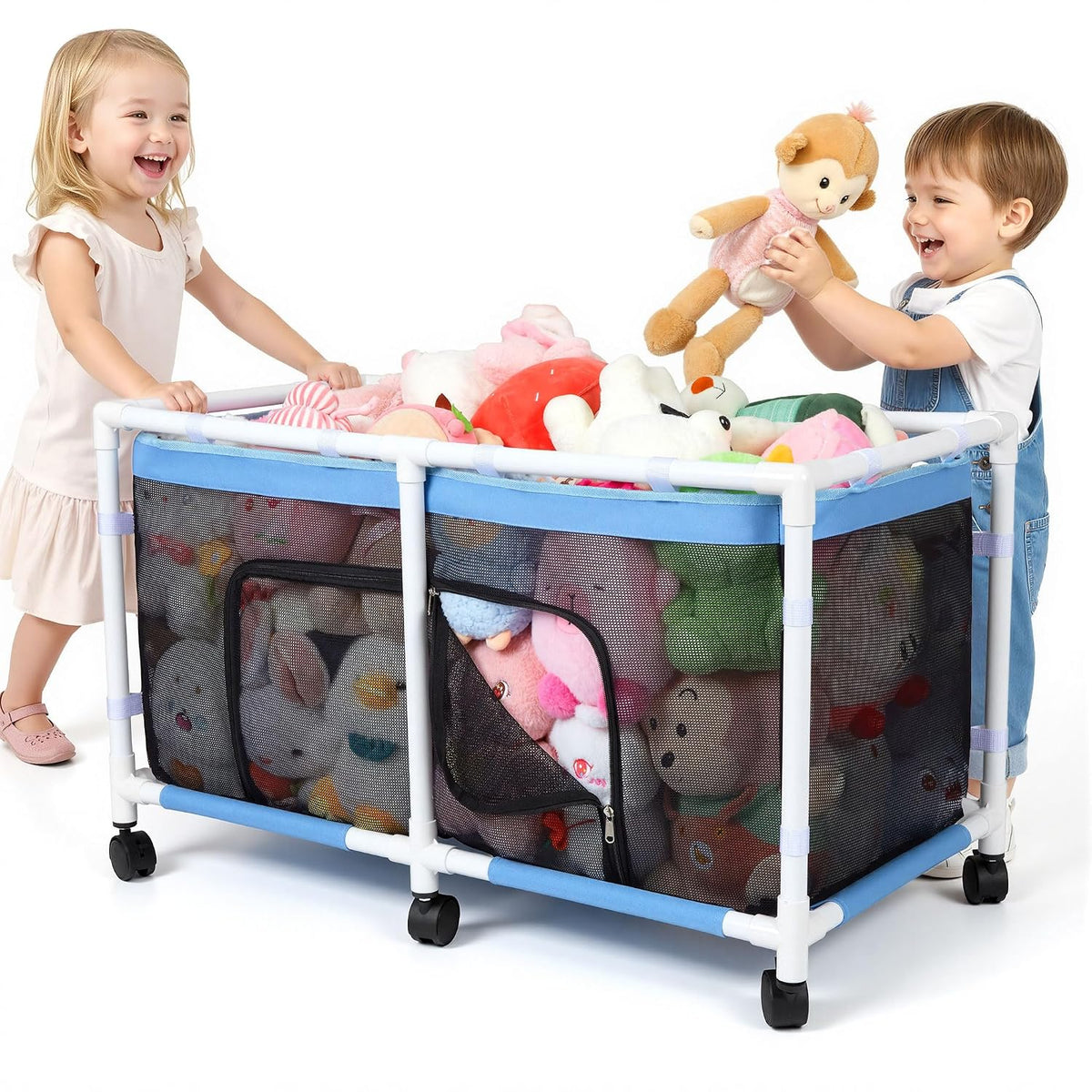 Toy Box for Girls Boys with See-Through Mesh & 360° Rotating Wheels