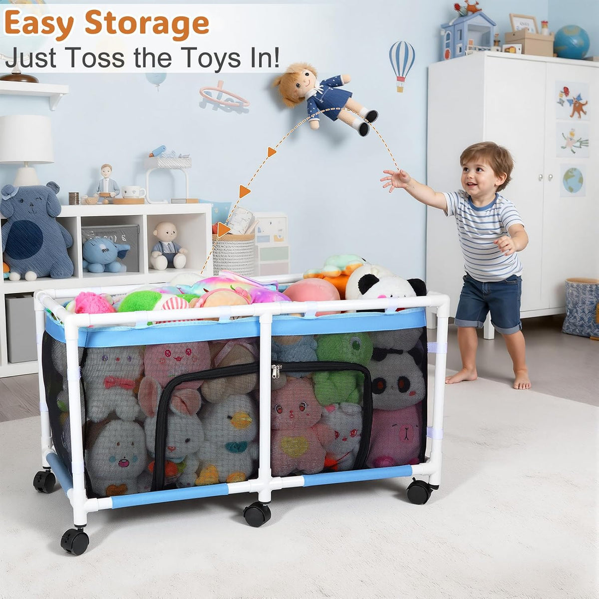 Toy Box for Girls Boys with See-Through Mesh & 360° Rotating Wheels