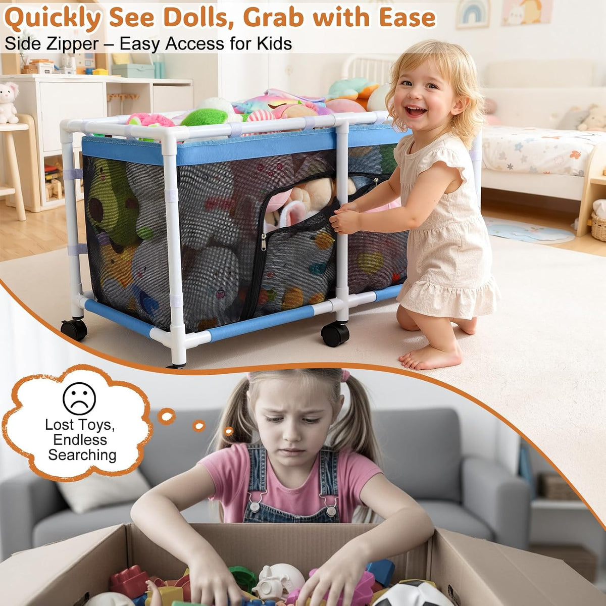 Toy Box for Girls Boys with See-Through Mesh & 360° Rotating Wheels