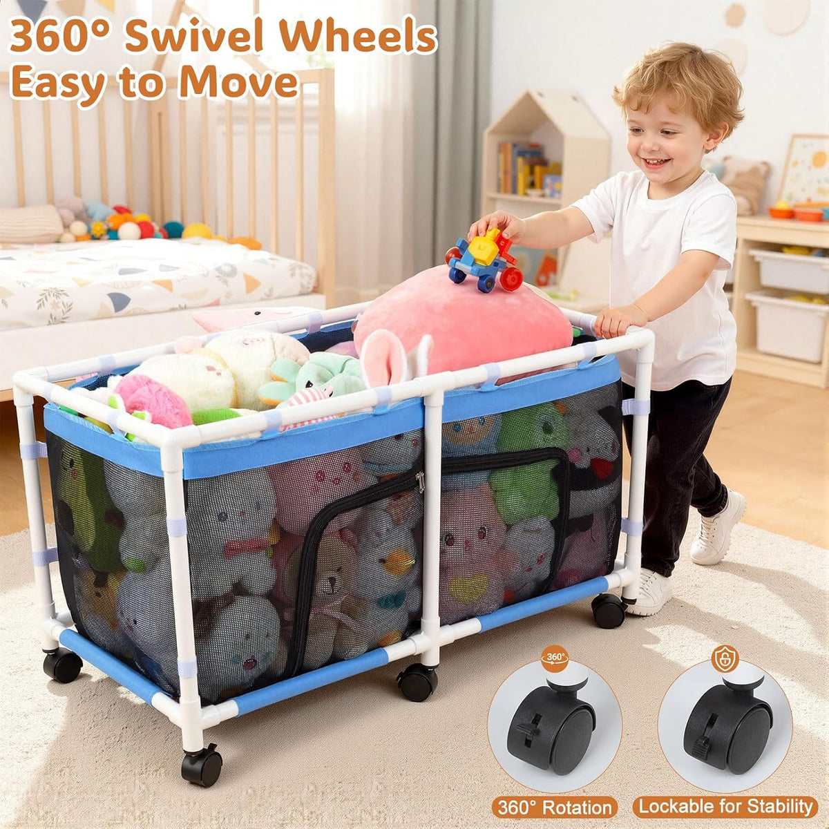 Toy Box for Girls Boys with See-Through Mesh & 360° Rotating Wheels
