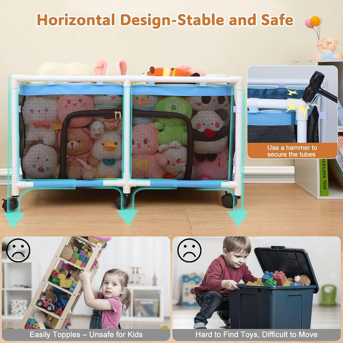 Toy Box for Girls Boys with See-Through Mesh & 360° Rotating Wheels