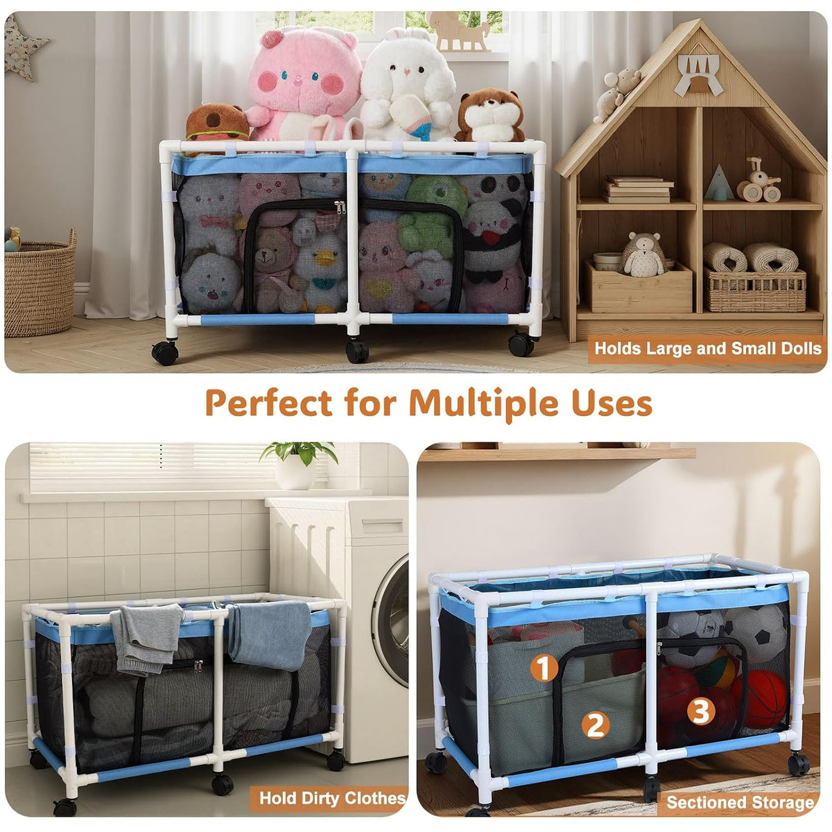 Toy Box for Girls Boys with See-Through Mesh & 360° Rotating Wheels