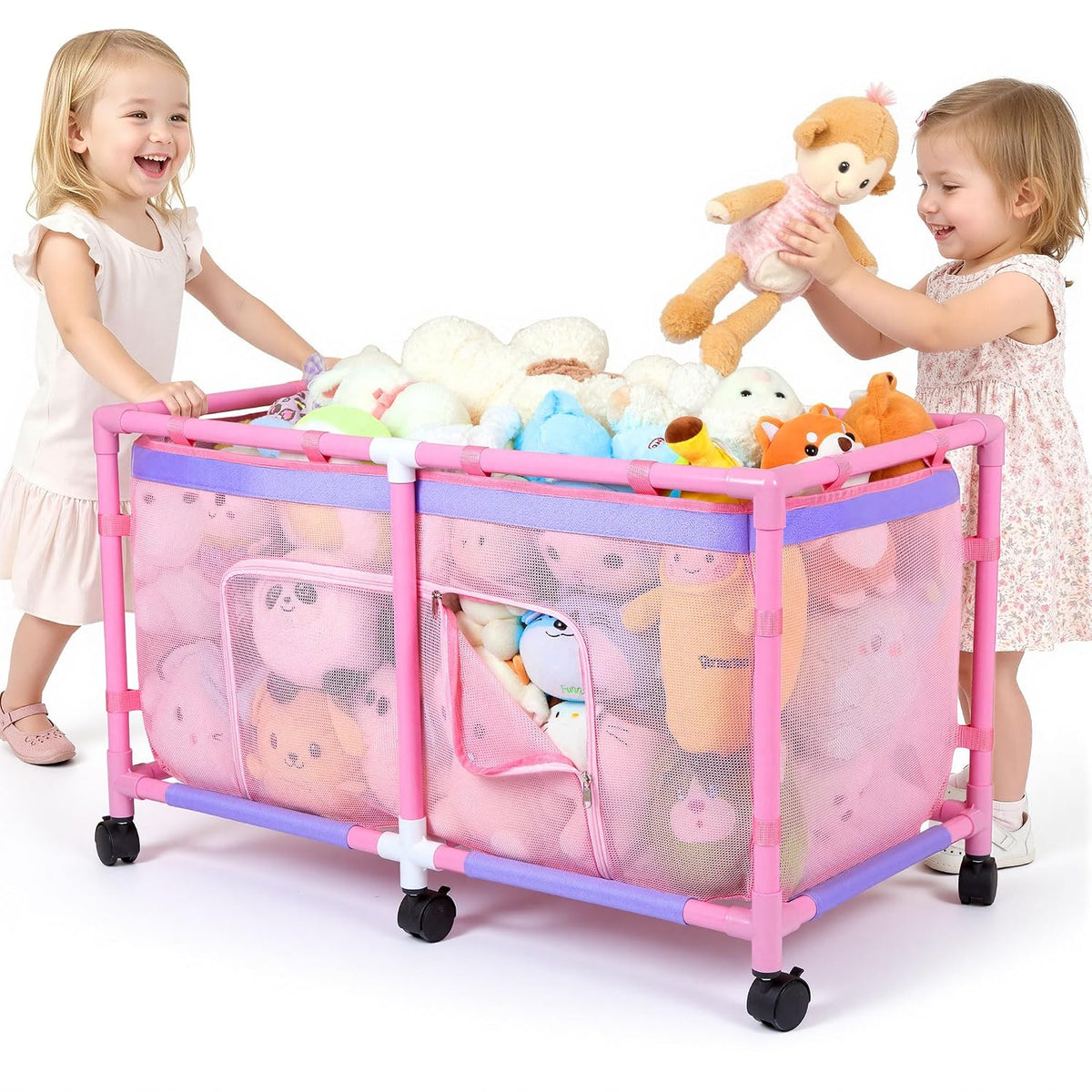 Toy Box for Girls Boys with See-Through Mesh & 360° Rotating Wheels