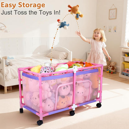 Toy Box for Girls Boys with See-Through Mesh & 360° Rotating Wheels