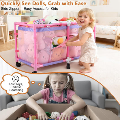 Toy Box for Girls Boys with See-Through Mesh & 360° Rotating Wheels