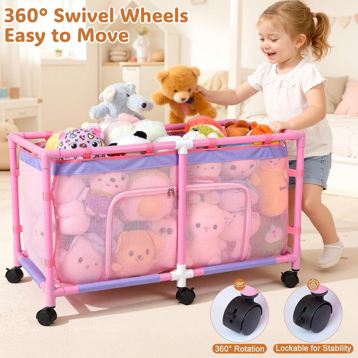 Toy Box for Girls Boys with See-Through Mesh & 360° Rotating Wheels