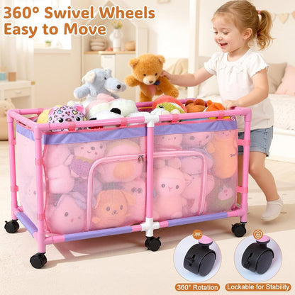 Toy Box for Girls Boys with See-Through Mesh & 360° Rotating Wheels