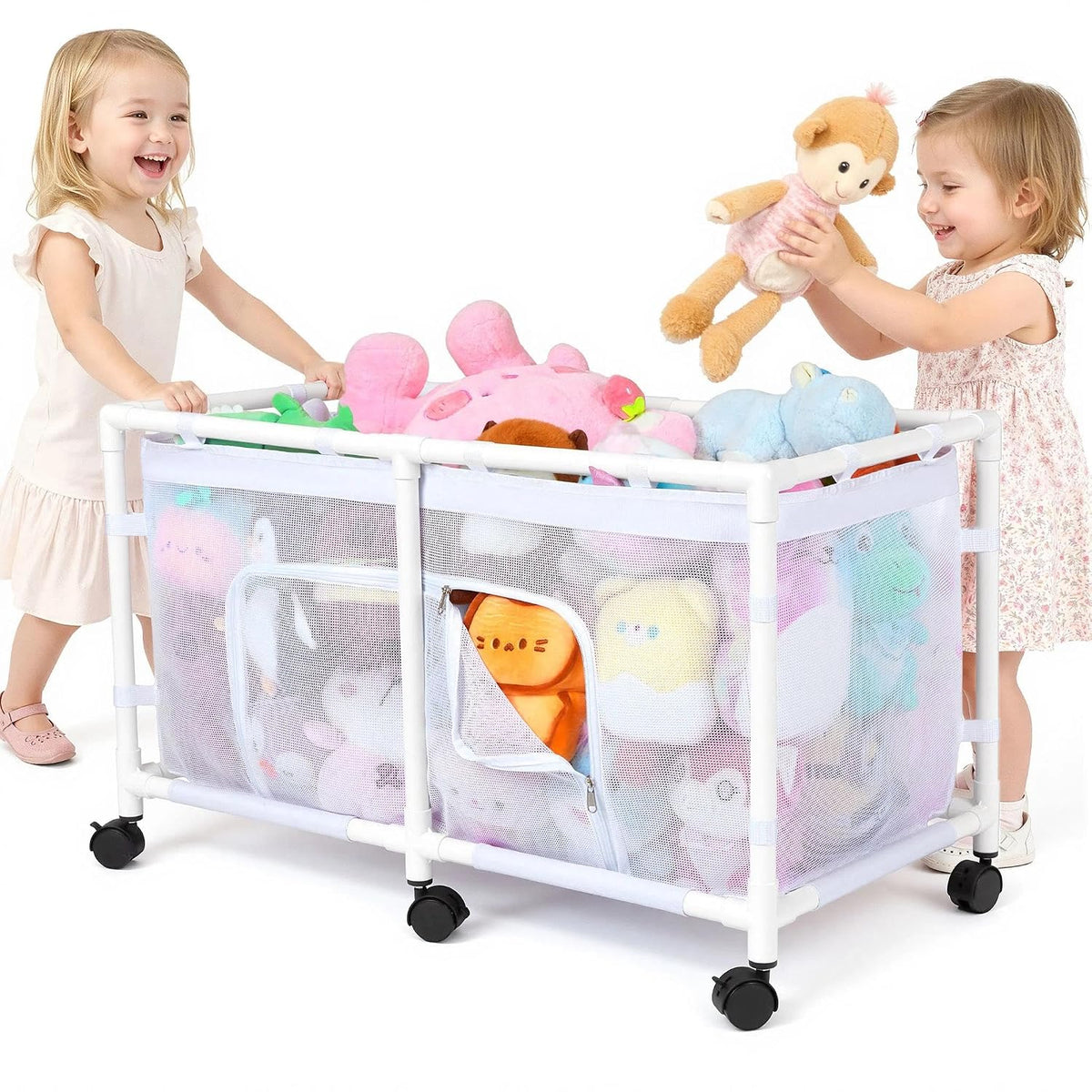 Toy Box for Girls Boys with See-Through Mesh & 360° Rotating Wheels