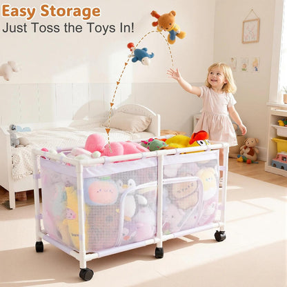 Toy Box for Girls Boys with See-Through Mesh & 360° Rotating Wheels