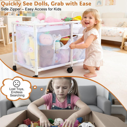 Toy Box for Girls Boys with See-Through Mesh & 360° Rotating Wheels