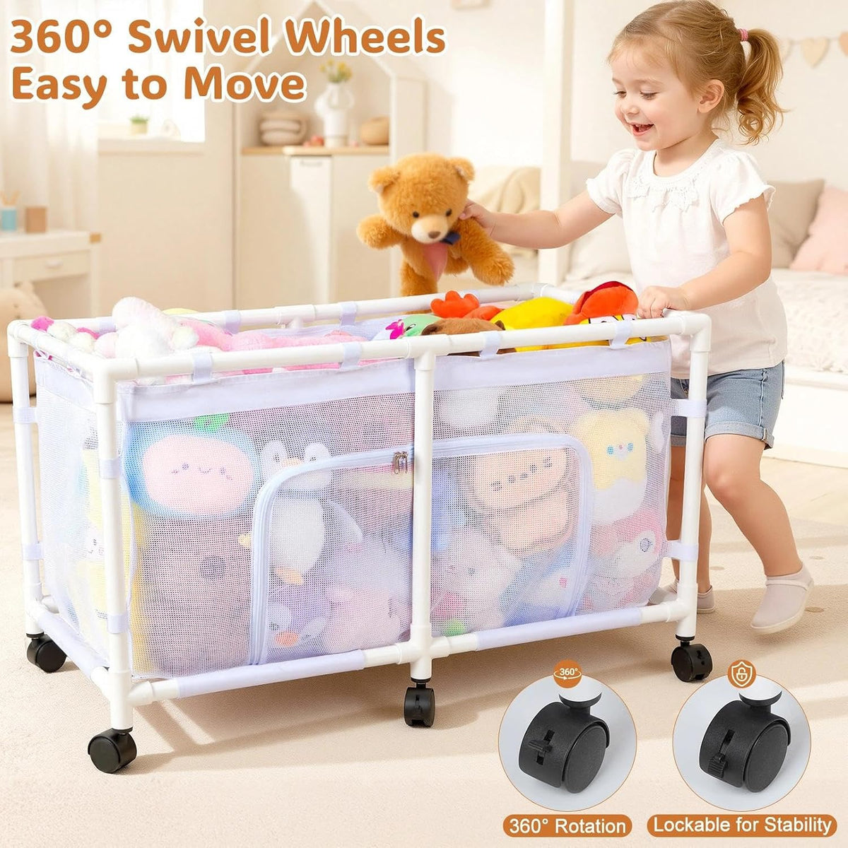 Toy Box for Girls Boys with See-Through Mesh & 360° Rotating Wheels