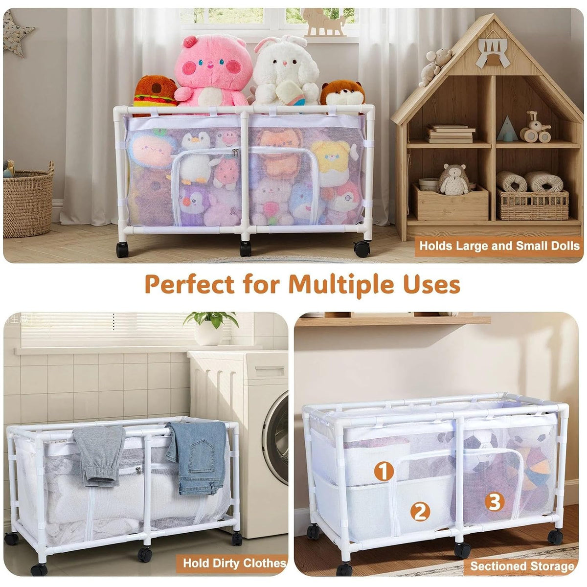 Toy Box for Girls Boys with See-Through Mesh & 360° Rotating Wheels