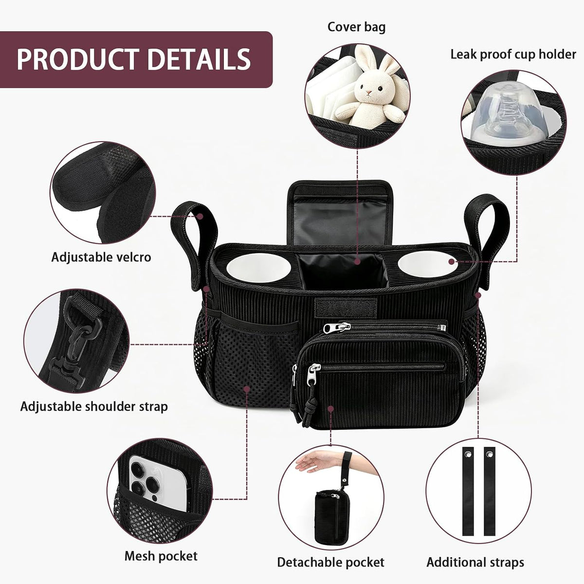 Femuar Universal Stroller Organizer, Stroller Caddy with Cup Holder