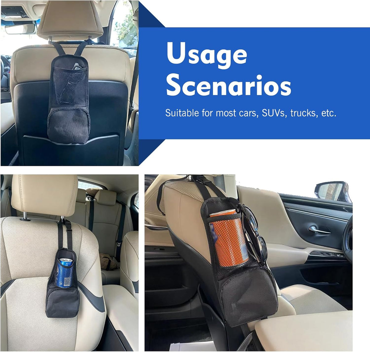 2PCS Car Seat Side Organizer, Multi-Pocket Storage Hanging Bag, Multifunctional Mesh Net Pocket, Holds Phones, Drink, Glasses, Wallet, for Cars, Trucks, Black