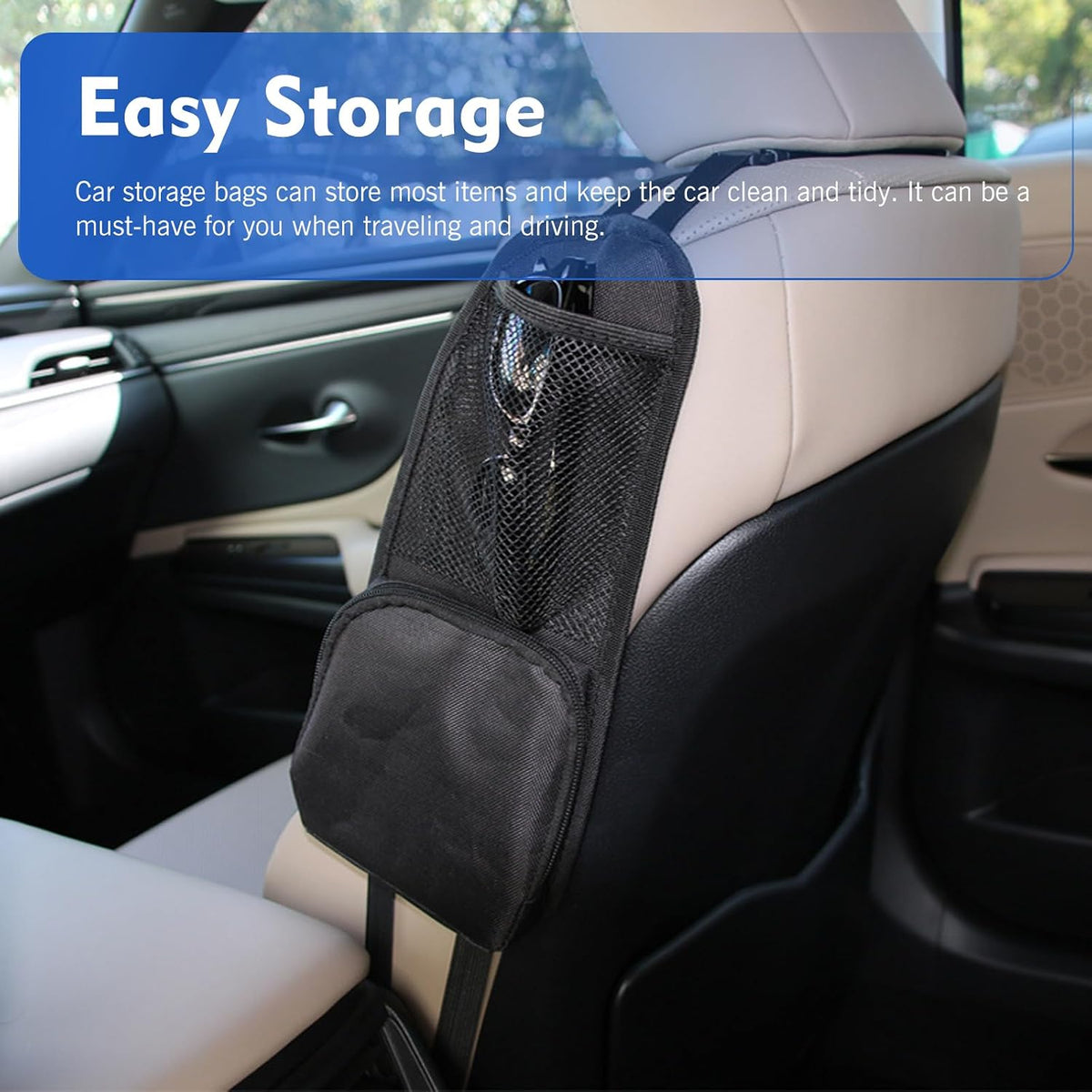 2PCS Car Seat Side Organizer, Multi-Pocket Storage Hanging Bag, Multifunctional Mesh Net Pocket, Holds Phones, Drink, Glasses, Wallet, for Cars, Trucks, Black