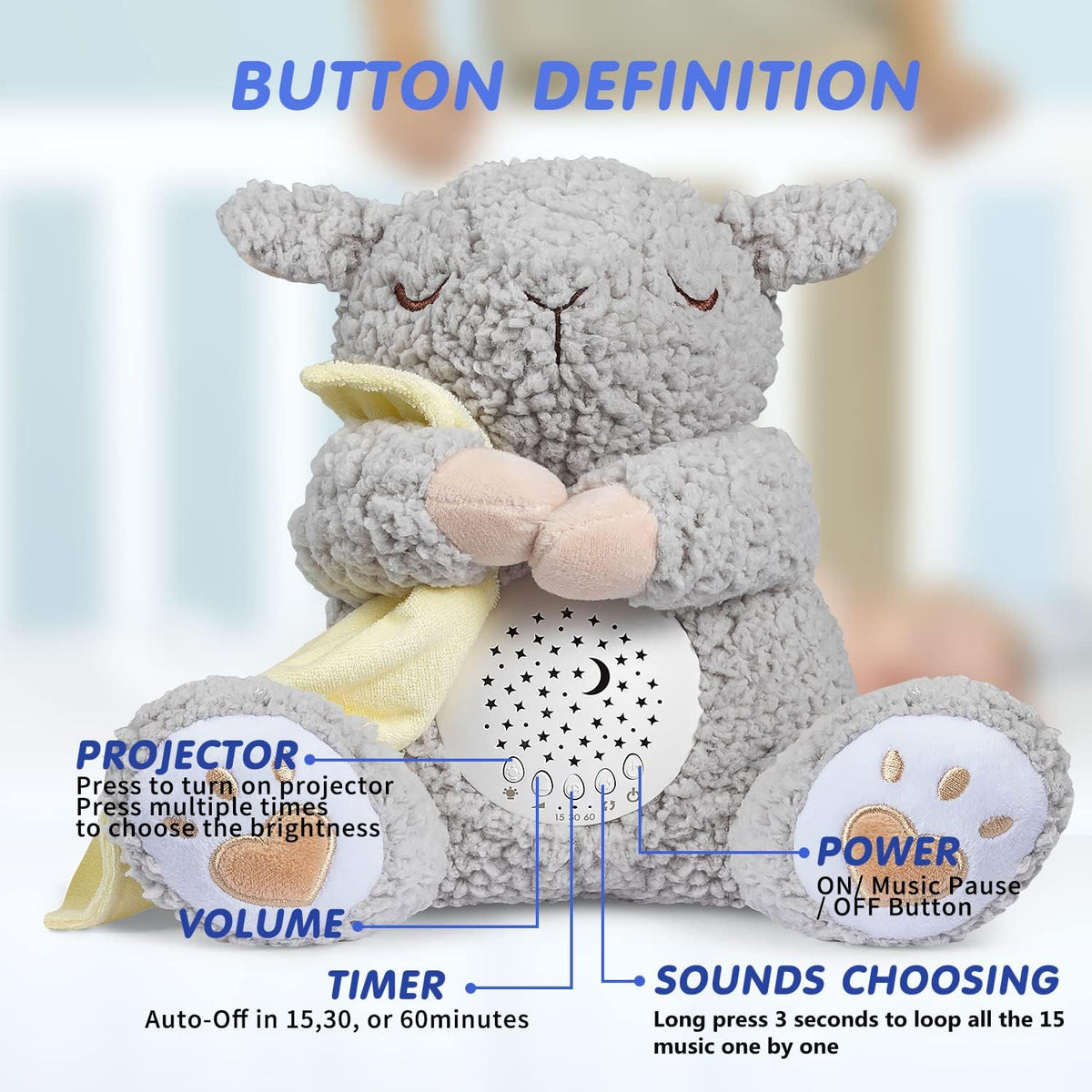 Baby White Noise Machine Stuffed Animal Toy, Mom's Heartbeat Lullabies Sheep Sleep Soother, Nursery Decor Night Light Projector, Toddler Crib Sleeping Aid, Babies Shower Gifts Portable