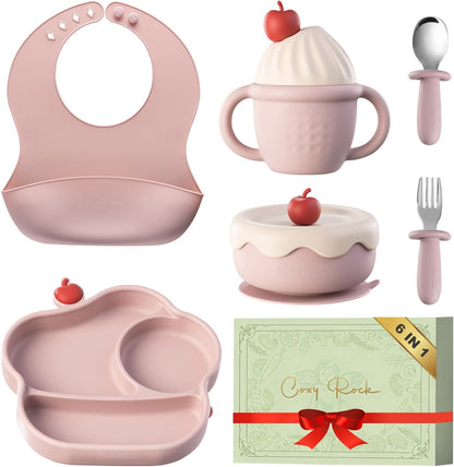 Silicone Baby Feeding Set, Gelato Collection 6-Piece BLW Starter Kit with Strong Suction Plate & Bowl, Straw Cup, Bib, Fork & Spoon, First Self-Feeding Ice Cream Set - Pink