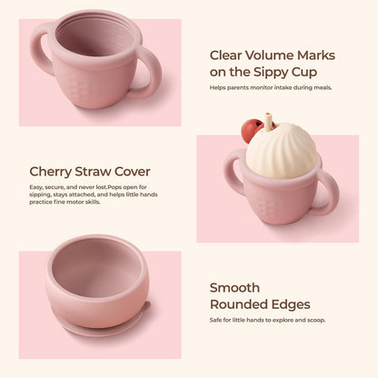 Silicone Baby Feeding Set, Gelato Collection 6-Piece BLW Starter Kit with Strong Suction Plate & Bowl, Straw Cup, Bib, Fork & Spoon, First Self-Feeding Ice Cream Set - Pink