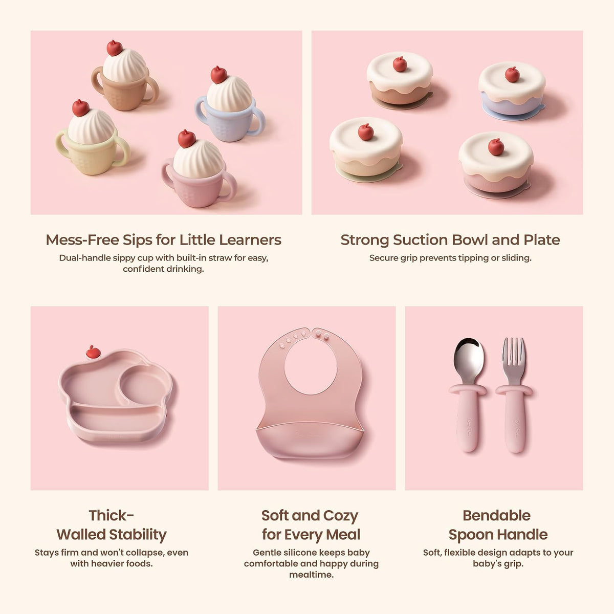 Silicone Baby Feeding Set, Gelato Collection 6-Piece BLW Starter Kit with Strong Suction Plate & Bowl, Straw Cup, Bib, Fork & Spoon, First Self-Feeding Ice Cream Set - Pink
