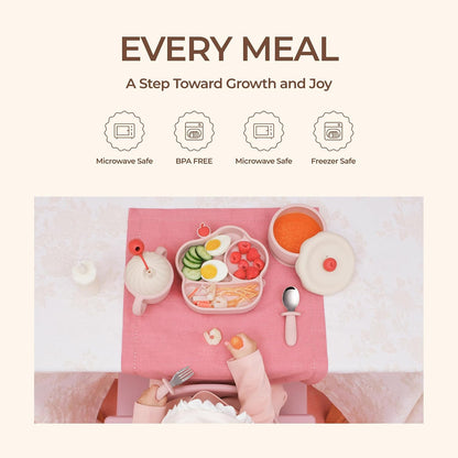 Silicone Baby Feeding Set, Gelato Collection 6-Piece BLW Starter Kit with Strong Suction Plate & Bowl, Straw Cup, Bib, Fork & Spoon, First Self-Feeding Ice Cream Set - Pink