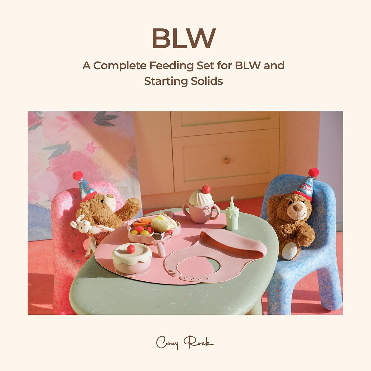 Silicone Baby Feeding Set, Gelato Collection 6-Piece BLW Starter Kit with Strong Suction Plate & Bowl, Straw Cup, Bib, Fork & Spoon, First Self-Feeding Ice Cream Set - Pink