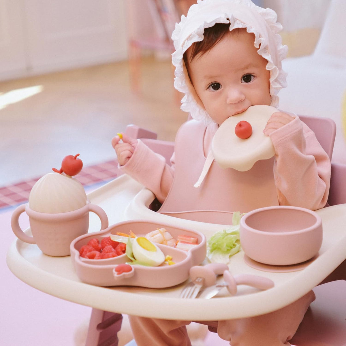 Silicone Baby Feeding Set, Gelato Collection 6-Piece BLW Starter Kit with Strong Suction Plate & Bowl, Straw Cup, Bib, Fork & Spoon, First Self-Feeding Ice Cream Set - Pink