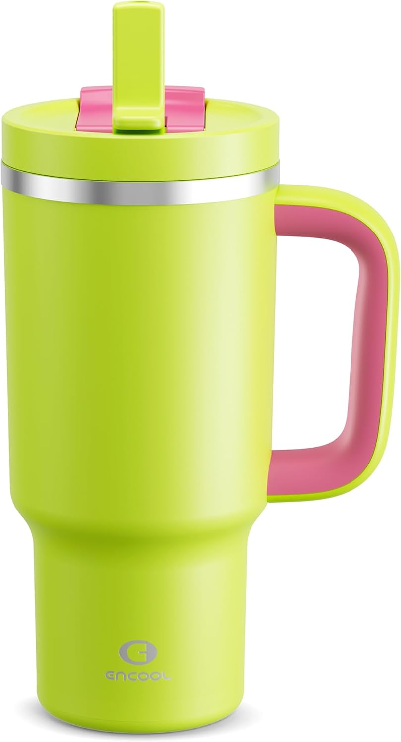 32 oz Tumbler with Handle and Straw: Stainless Steel Insulated Tumbler Keeps Cold for 24 Hours, Leakproof Travel Cup Fits in Cup Holder and BPA-Free,Brook Green