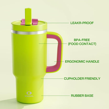 32 oz Tumbler with Handle and Straw: Stainless Steel Insulated Tumbler Keeps Cold for 24 Hours, Leakproof Travel Cup Fits in Cup Holder and BPA-Free,Brook Green