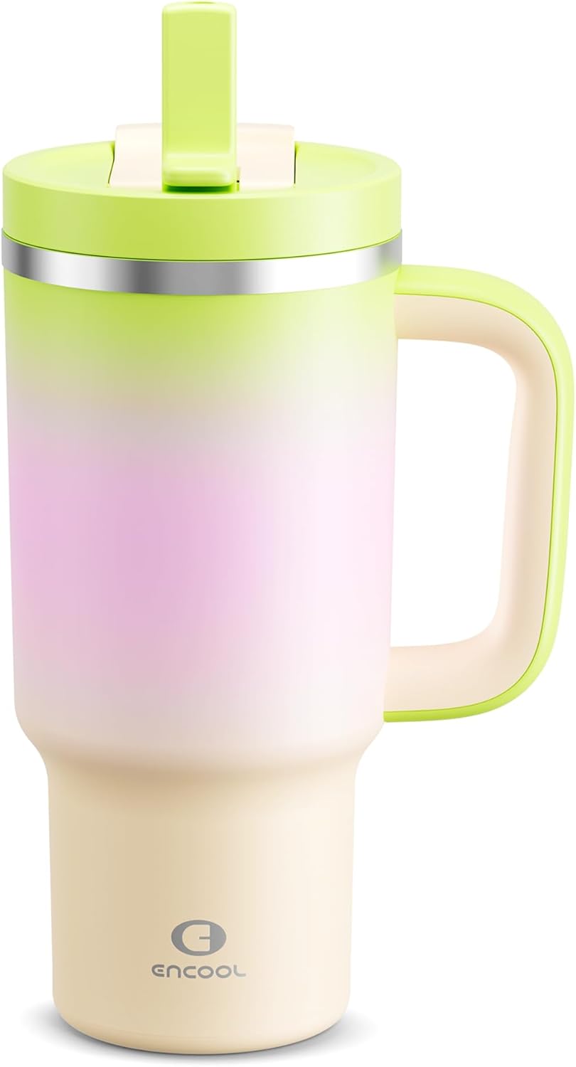 32 oz Tumbler with Handle and Straw: Stainless Steel Insulated Tumbler Keeps Cold for 24 Hours, Leakproof Travel Cup Fits in Cup Holder and BPA-Free,Brook Green