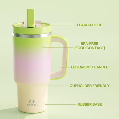 32 oz Tumbler with Handle and Straw: Stainless Steel Insulated Tumbler Keeps Cold for 24 Hours, Leakproof Travel Cup Fits in Cup Holder and BPA-Free,Brook Green