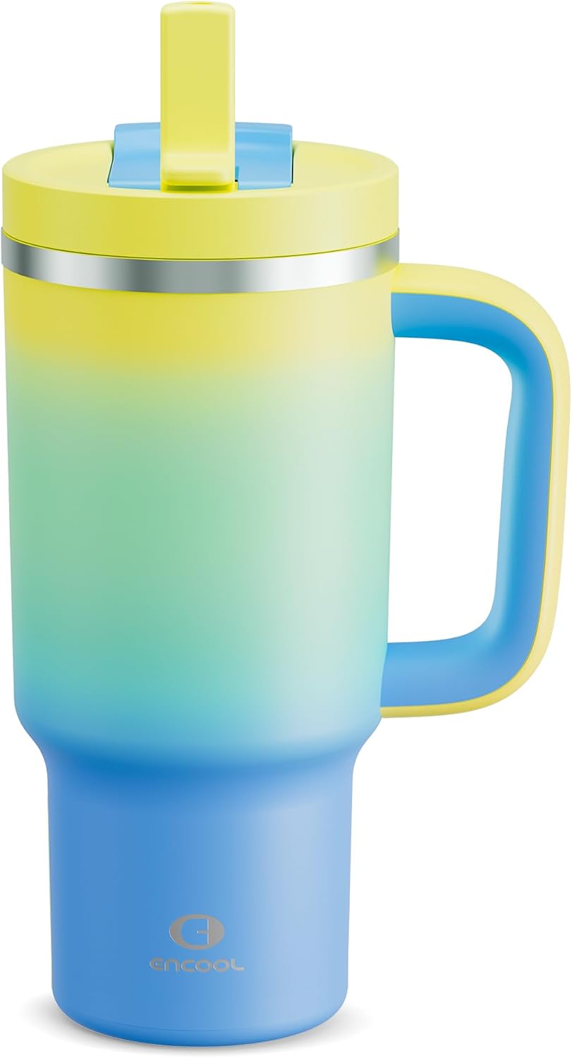 32 oz Tumbler with Handle and Straw: Stainless Steel Insulated Tumbler Keeps Cold for 24 Hours, Leakproof Travel Cup Fits in Cup Holder and BPA-Free,Brook Green