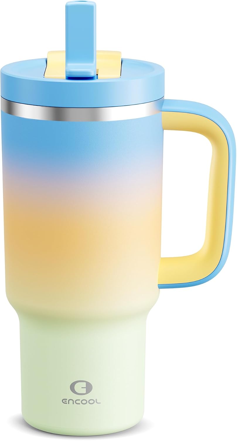 32 oz Tumbler with Handle and Straw: Stainless Steel Insulated Tumbler Keeps Cold for 24 Hours, Leakproof Travel Cup Fits in Cup Holder and BPA-Free,Brook Green