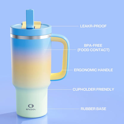 32 oz Tumbler with Handle and Straw: Stainless Steel Insulated Tumbler Keeps Cold for 24 Hours, Leakproof Travel Cup Fits in Cup Holder and BPA-Free,Brook Green