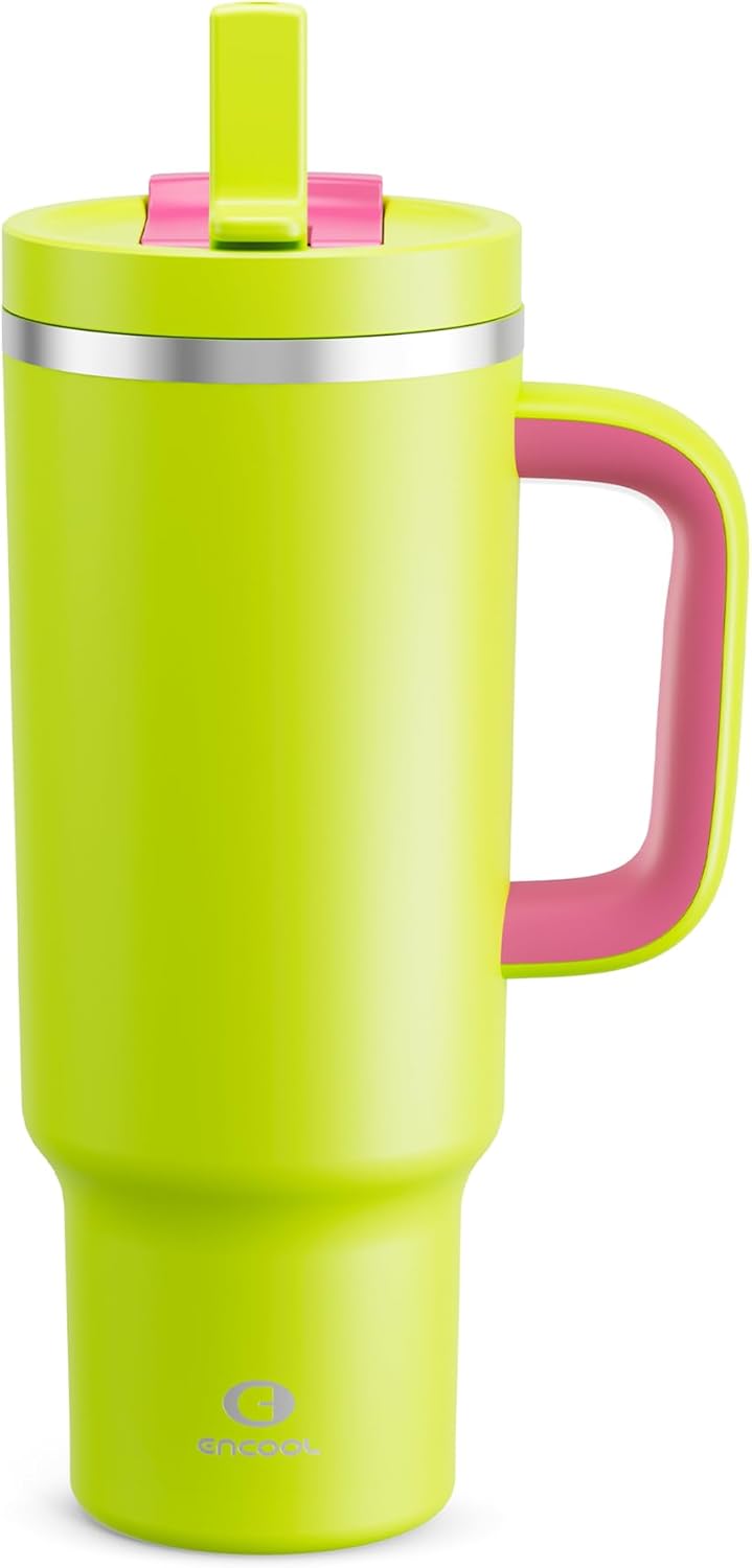 32 oz Tumbler with Handle and Straw: Stainless Steel Insulated Tumbler Keeps Cold for 24 Hours, Leakproof Travel Cup Fits in Cup Holder and BPA-Free,Brook Green