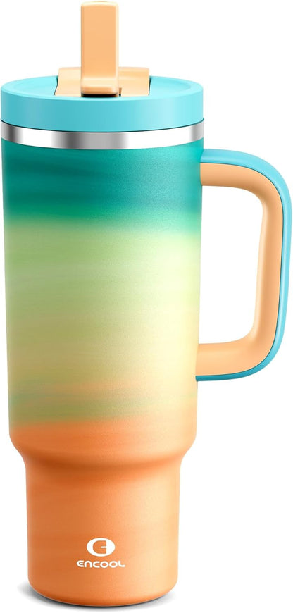 32 oz Tumbler with Handle and Straw: Stainless Steel Insulated Tumbler Keeps Cold for 24 Hours, Leakproof Travel Cup Fits in Cup Holder and BPA-Free,Brook Green