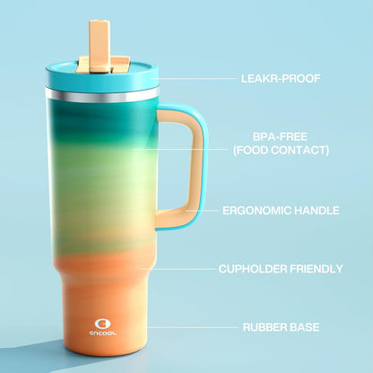 32 oz Tumbler with Handle and Straw: Stainless Steel Insulated Tumbler Keeps Cold for 24 Hours, Leakproof Travel Cup Fits in Cup Holder and BPA-Free,Brook Green