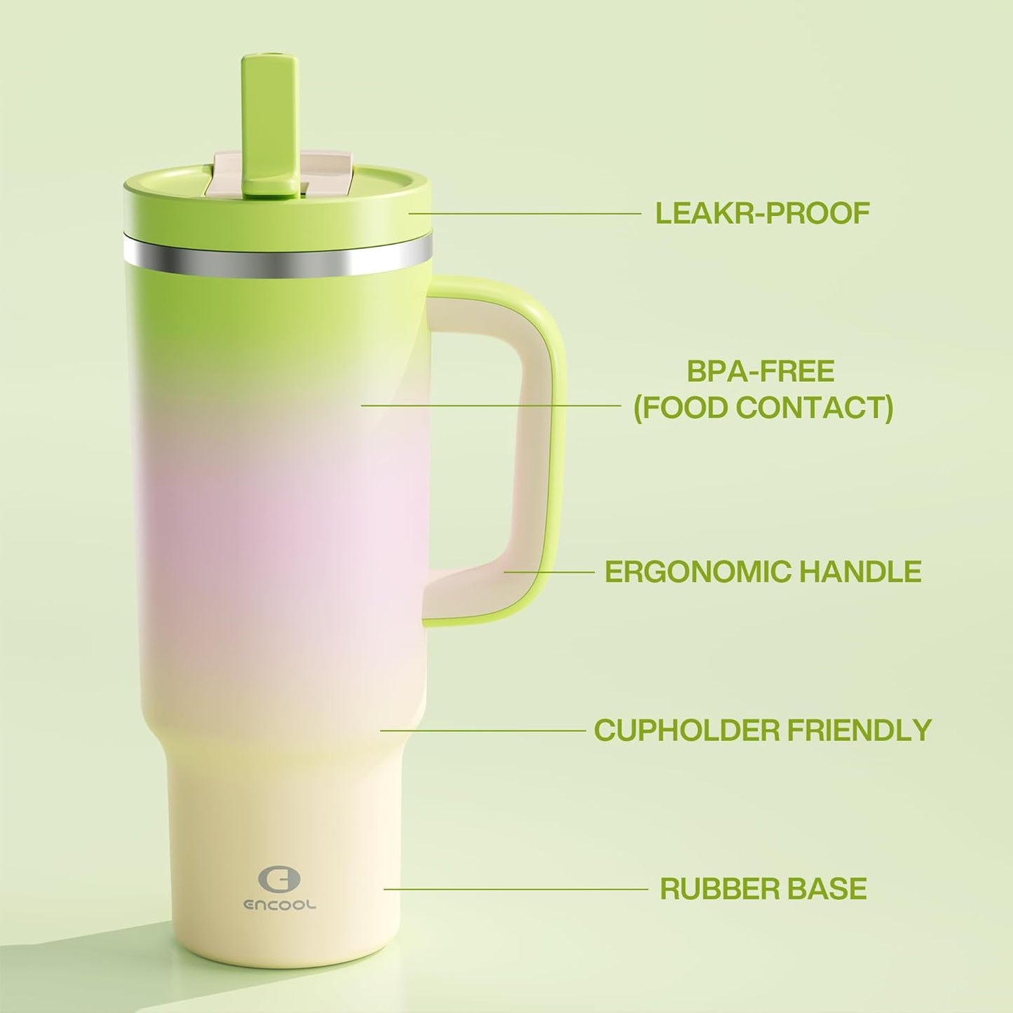 32 oz Tumbler with Handle and Straw: Stainless Steel Insulated Tumbler Keeps Cold for 24 Hours, Leakproof Travel Cup Fits in Cup Holder and BPA-Free,Brook Green