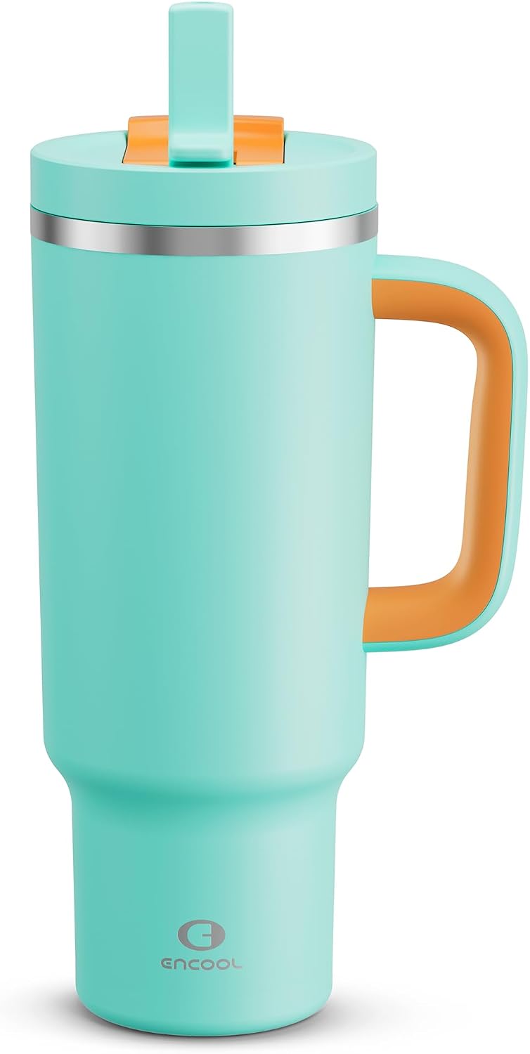 32 oz Tumbler with Handle and Straw: Stainless Steel Insulated Tumbler Keeps Cold for 24 Hours, Leakproof Travel Cup Fits in Cup Holder and BPA-Free,Brook Green