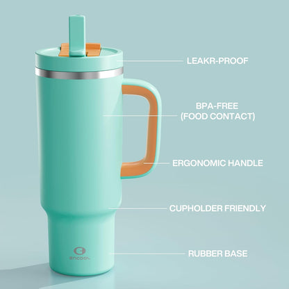 32 oz Tumbler with Handle and Straw: Stainless Steel Insulated Tumbler Keeps Cold for 24 Hours, Leakproof Travel Cup Fits in Cup Holder and BPA-Free,Brook Green