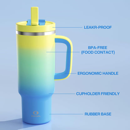32 oz Tumbler with Handle and Straw: Stainless Steel Insulated Tumbler Keeps Cold for 24 Hours, Leakproof Travel Cup Fits in Cup Holder and BPA-Free,Brook Green