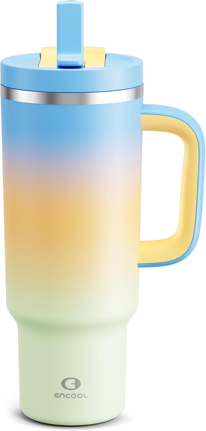 32 oz Tumbler with Handle and Straw: Stainless Steel Insulated Tumbler Keeps Cold for 24 Hours, Leakproof Travel Cup Fits in Cup Holder and BPA-Free,Brook Green