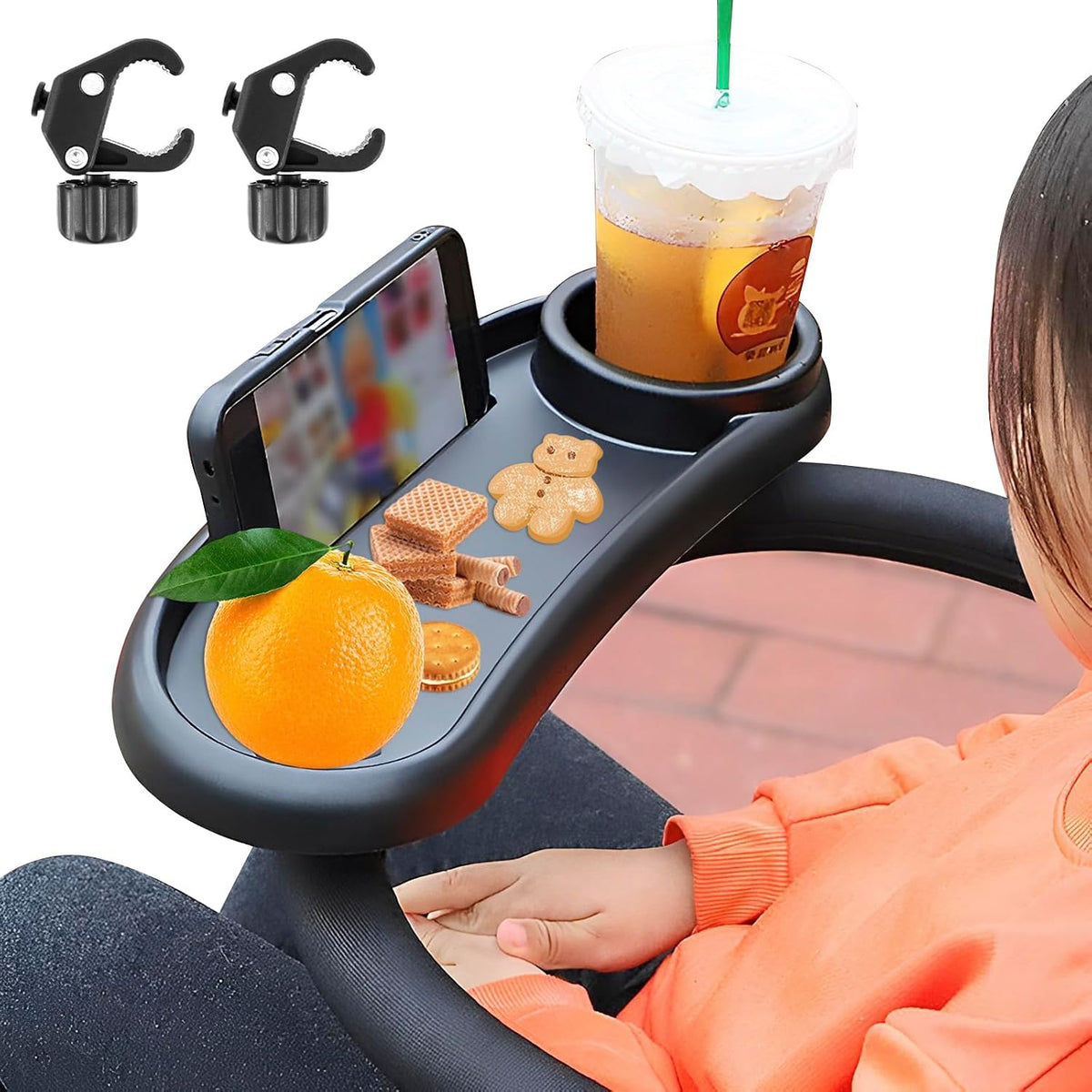 Stroller Snack Tray with Cup Holder Universal Stroller Food Tray Removable, Non-Slip Grip Clip for Stroller Bar Reusable Stroller Snacks Holder for Strollers with Round Armrests