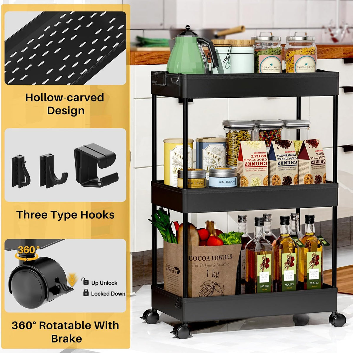 3 Tier Acrylic Storage Rolling Cart Clear Bathroom Cart Organizer, Transparency Laundry Room Organization Mobile Shelving Unit Multifunction Rolling Utility Cart for Office Living Room