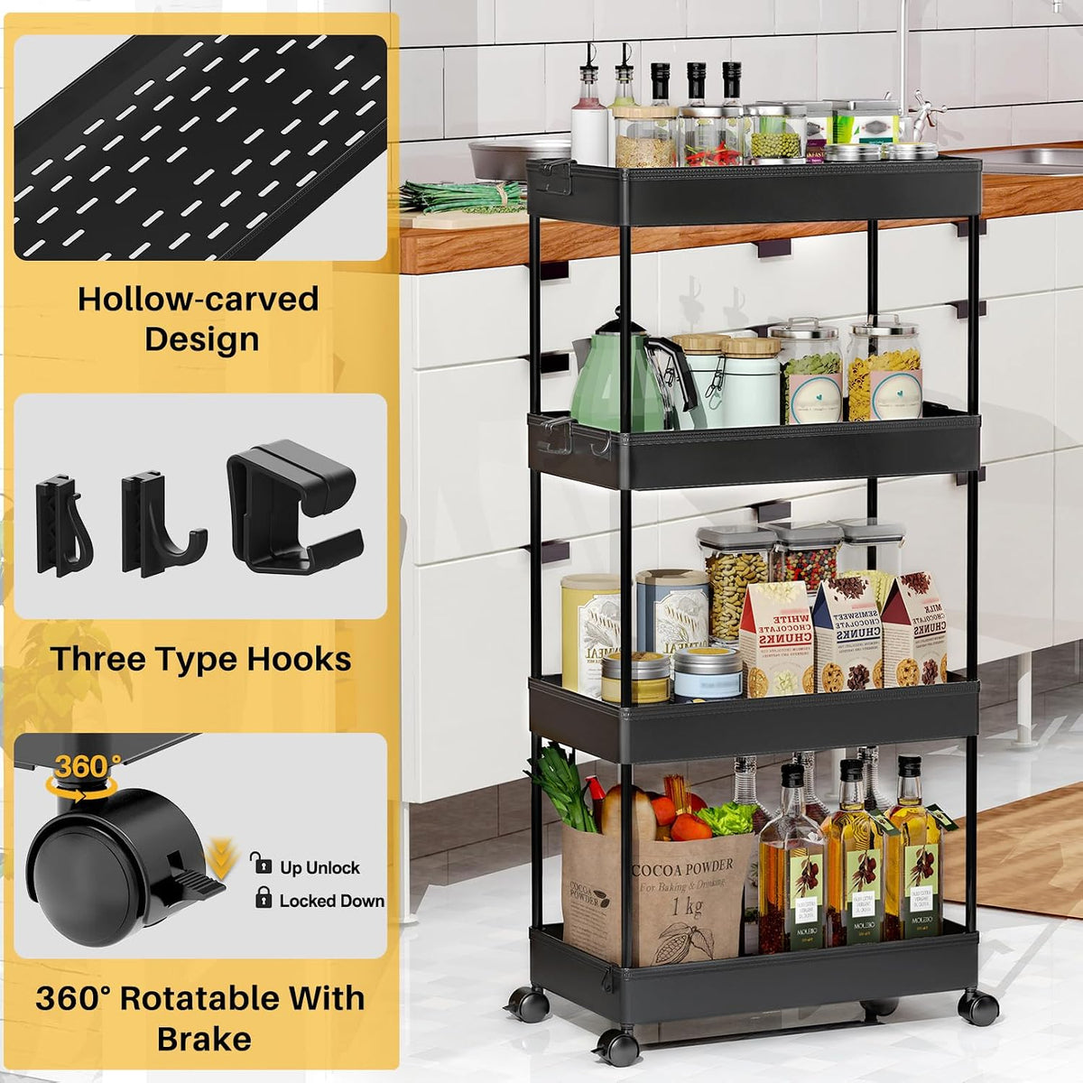 3 Tier Acrylic Storage Rolling Cart Clear Bathroom Cart Organizer, Transparency Laundry Room Organization Mobile Shelving Unit Multifunction Rolling Utility Cart for Office Living Room